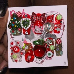 red green kawaii bejeweled gems long press on fake nails christmas holidays